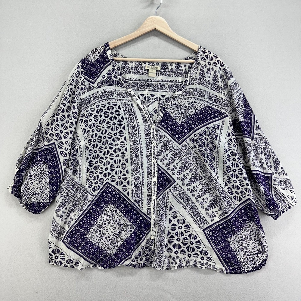 Lucky Brand Blouse Womens 2X Blue Geo Print Floral Boho Button Front